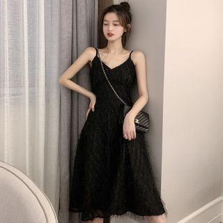 Spaghetti Strap Midi Fringed Dress Black - One Size