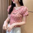 Short-sleeve Strawberry Print Ruffle Trim Knit Top