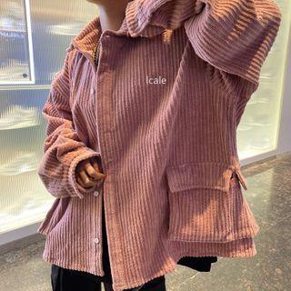 Lettering Embroidered Corduroy Cargo Shirt Jacket