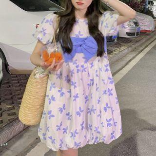 Puff-sleeve Floral Print Mini Dress / Bow Camisole Top