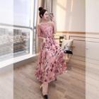 Set: Spaghetti Strap Floral A-line Midi Dress + Elbow-sleeve Lace Top