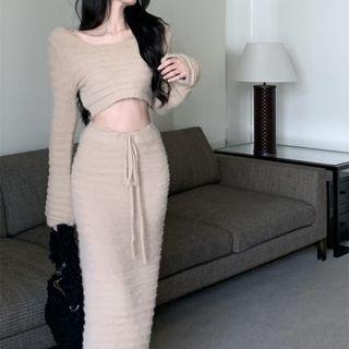 Set: Cropped Sweater + Midi Knit Skirt