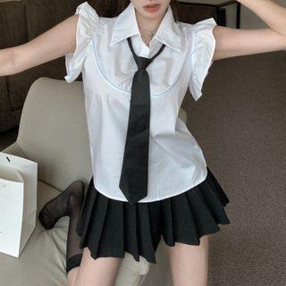 Sleeveless Ruffled Bow Shirt / Neck Tie