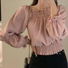 Long-sleeve Square-neck Shirred Crop Top