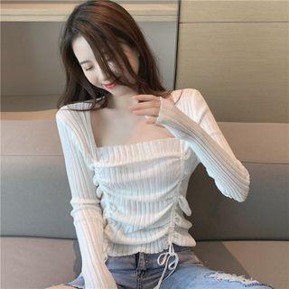 Square-neck Drawstring Ribbed Knit Top