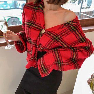 Metal-button Plaid Wool Blend Cardigan