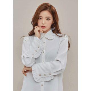 Faux-pearl Button Frilled Crepe Blouse