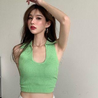 Collared Crop Knit Tank Top Light Green - One Size