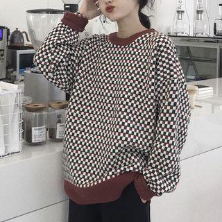 Square Pattern Crewneck Sweater As Shown In Figure - One Size