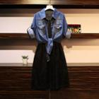 Set: Sleeveless Midi A-line Lace Dress + Button Denim Jacket