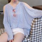 Striped Cutout Loose-fit Long-sleeve T-shirt