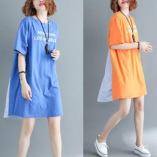 Lettering Short-sleeve Striped Panel T-shirt Dress