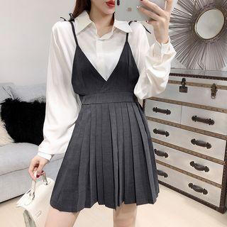 Set: Balloon-sleeve Shirt + Spaghetti Strap Pinafore Dress