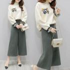 Set: Embroidered Mock Neck Pullover + Wide Leg Pants
