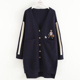 Embroidered Long Cardigan Navy Blue - One Size