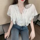Short-sleeve Lace Button-up Blouse