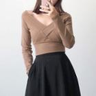 Cropped Deep-v Neck Long-sleeve Knit Top