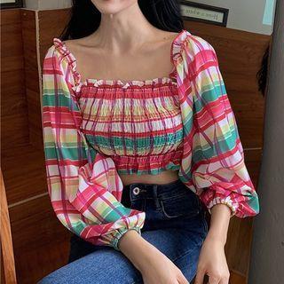 Off-shoulder Plaid Blouse Pink - One Size