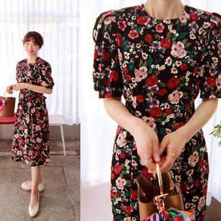 Puff-sleeve Tie-waist Floral Print Dress