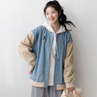 Cartoon Embroidered Denim Panel Baseball Jacket Blue - Xl