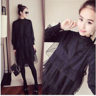 Dotted Mesh Long Sleeve Tiered Dress