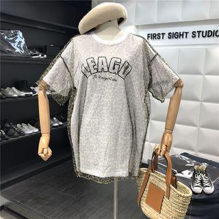 Leopard Print Mesh Overlay Short-sleeve T-shirt