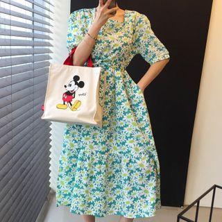 Floral Square-neck Short-sleeve Midi A-line Dress