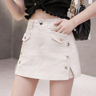 Fitted Buttoned Denim Mini Skort