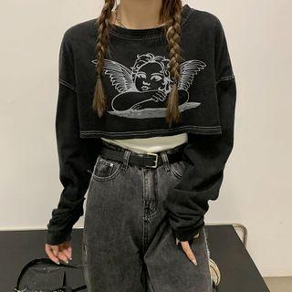 Print Cropped Sweatshirt / Plain Tank Top