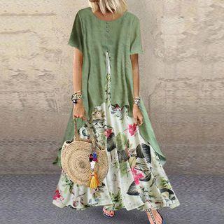 Print Round-neck Mock Two-piece Dress