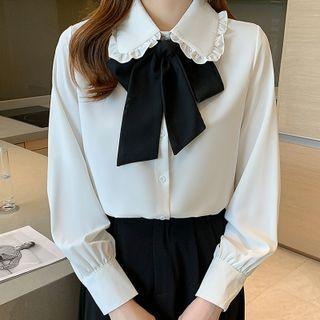 Bow Ruffle Trim Collar Blouse