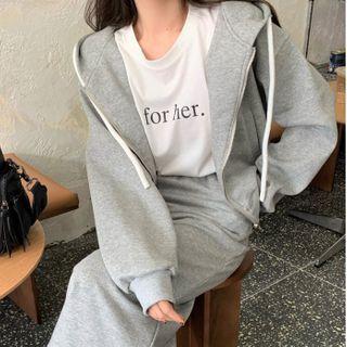 Hooded Zip Jacket / Short-sleeve Lettering Print T-shirt / Midi Skirt