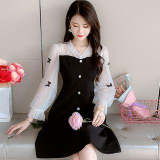 Puff-sleeve Bow Paneled A-line Dress