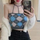Halter Neck Argyle Knit Top Light Gray & Dark Gray & Blue - One Size