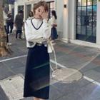 Two Tone Sweater Vest / Long-sleeve Mock-neck Top / Midi Skirt / Set