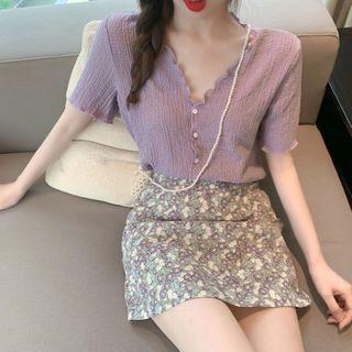Set: Short-sleeve Frill Trim Buttoned Top + Floral A-line Mini Skirt