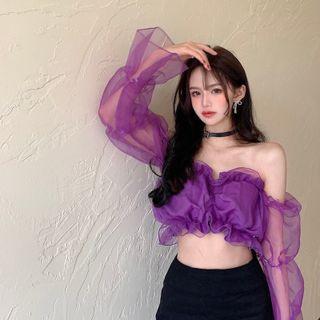 Off Shoulder Plain Mesh Ruffle Cropped Top