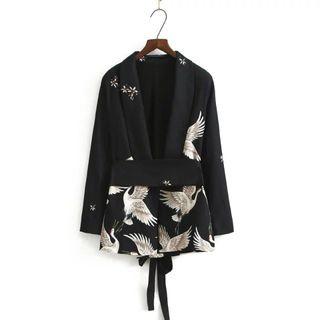 Crane Print Open Front Jacket