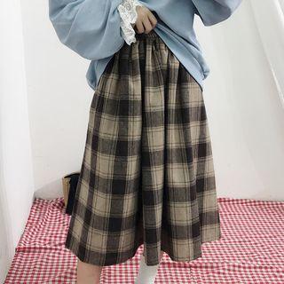 Plaid Midi A-line Skirt Plaid - Brown - One Size