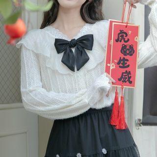 Long-sleeve Bow Ruffled Blouse Almond - One Size