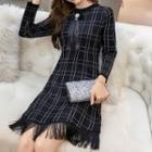 Long-sleeve Plaid Mini Knit Dress Black - One Size