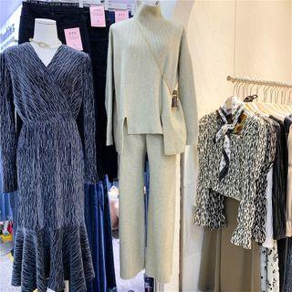 Set: Asymmetrical Sweater + Wide-leg Pants Sweater - Almond - One Size / Pants - Almond - One Size