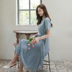 Crew-neck Tie-waist Pleated-hem Dress