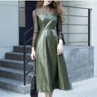 Set: Long-sleeve Lace Top + Faux-leather A-line Jumper Dress