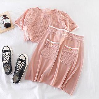 Set: Round-neck Knit Top + High-waist Skirt