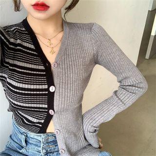 Striped Panel Cardigan / Fleece Cropped Jacket