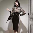 Set: Leopard Print Top + High-waist Midi Pencil Skirt