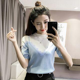 Mock Two Piece Lace Trim Color Panel Short Sleeve Knit T-shirt