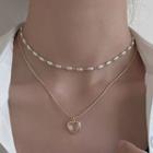 Heart Pendant Faux Pearl Layered Choker Necklace Gold - One Size