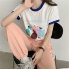 Short-sleeve Contrast Trim Cartoon Printed T-shirt